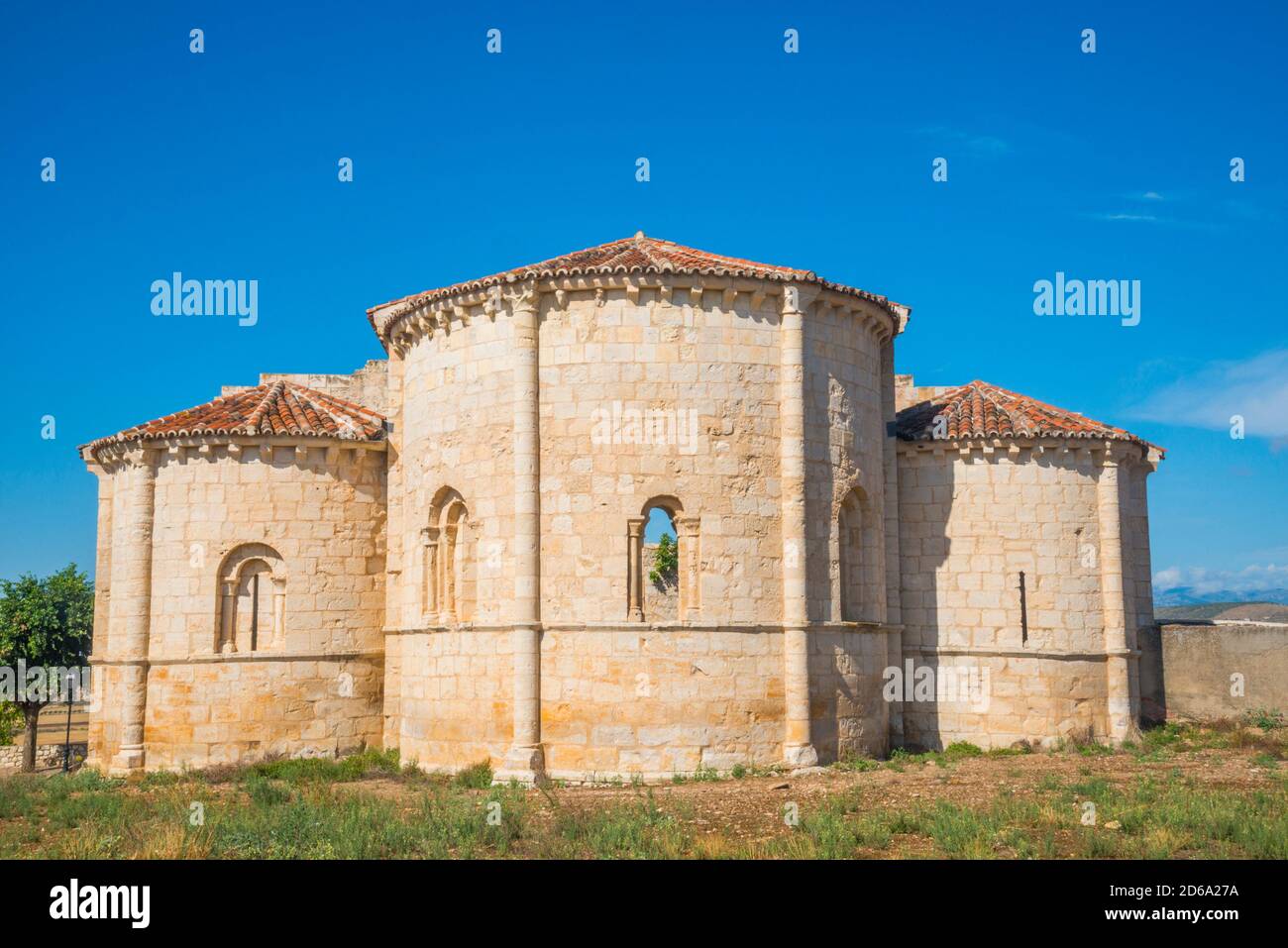 Apses. Iglesia de Santa María de la Varga, Uceda, provincia de Guadalajara, Castilla la Mancha, España. Foto de stock