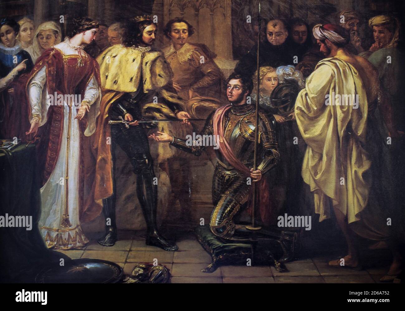 Rodrigo Díaz el Cid es nombrado caballero por el rey Fernando I de León por José Castelaro y Perea, 1831. Academia Real de San Fernando, España. Foto de stock