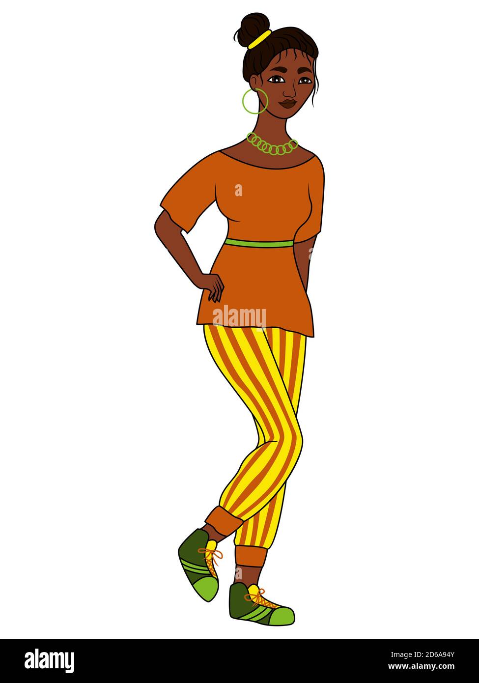 Mulato niña de dibujos animados en verano blusa y pantalones a rayas