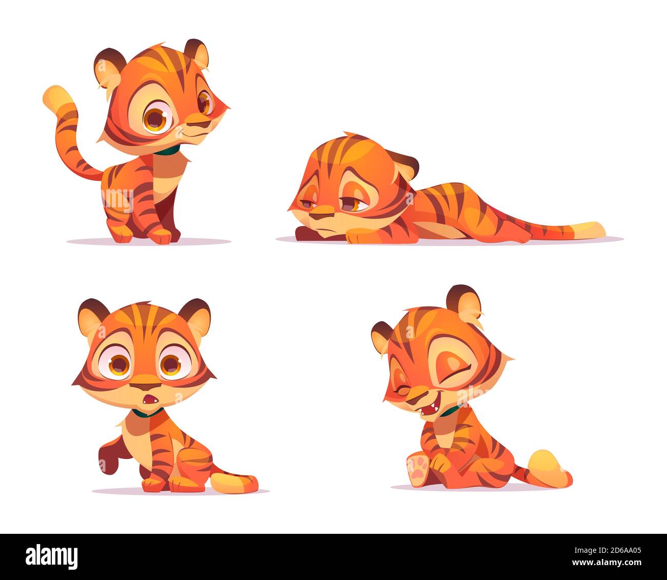Lindo tigre personaje de dibujos animados, divertido animal cub mascota con kawaii hocico expresar emociones sonriendo, riendo, sorprendido y triste. Gatito salvaje con piel de rayas naranjas. Ilustración vectorial, conjunto aislado Imagen Lindo tigre personaje de dibujos animados, divertido animal cub mascota con kawaii hocico expresar emociones sonriendo, riendo, sorprendido y triste. Gatito salvaje con piel de rayas naranjas. Ilustración vectorial, conjunto aislado Imagen