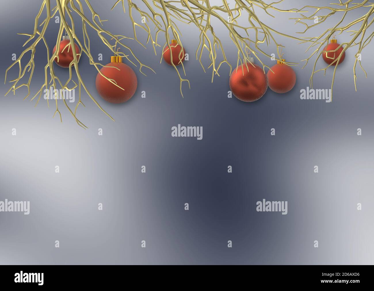 Fondo de Navidad con bolas rojas esmeriladas realistas bolas colgantes en ramas de oro sobre fondo azul oscuro con nieve. Ilustración en 3D, lugar para texto, invitación, tarjeta festiva Foto de stock