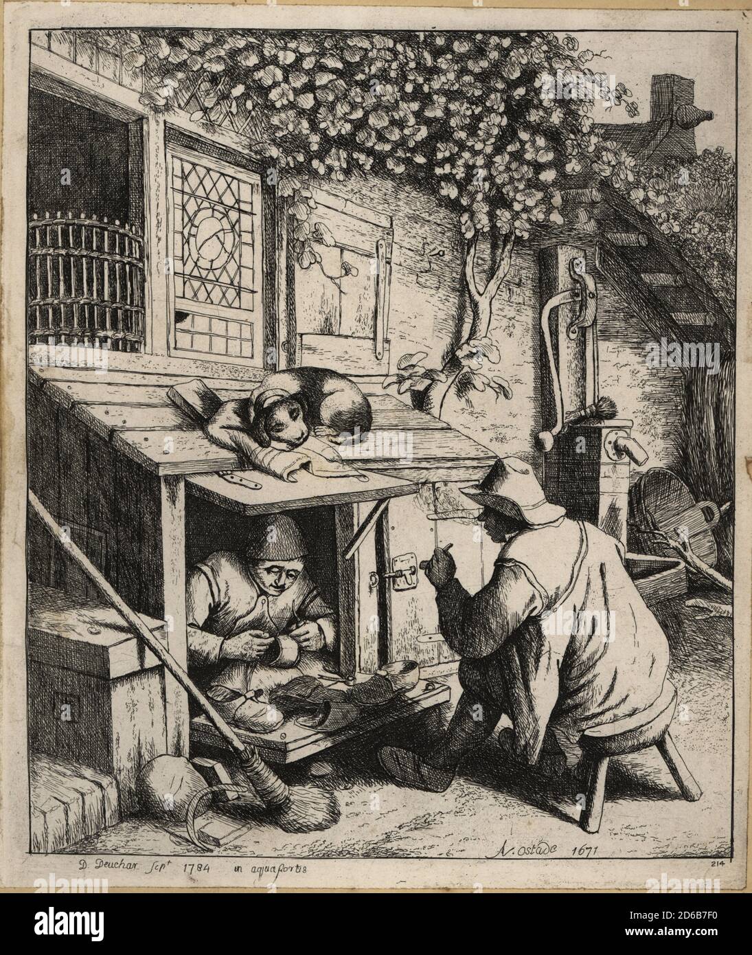 Zapatero holandés del siglo XVII en una pequeña tienda frente a su casa. El  zapatero repara zapatos para un campesino esperando en un taburete. Un  perro dormido se encuentra en el techo
