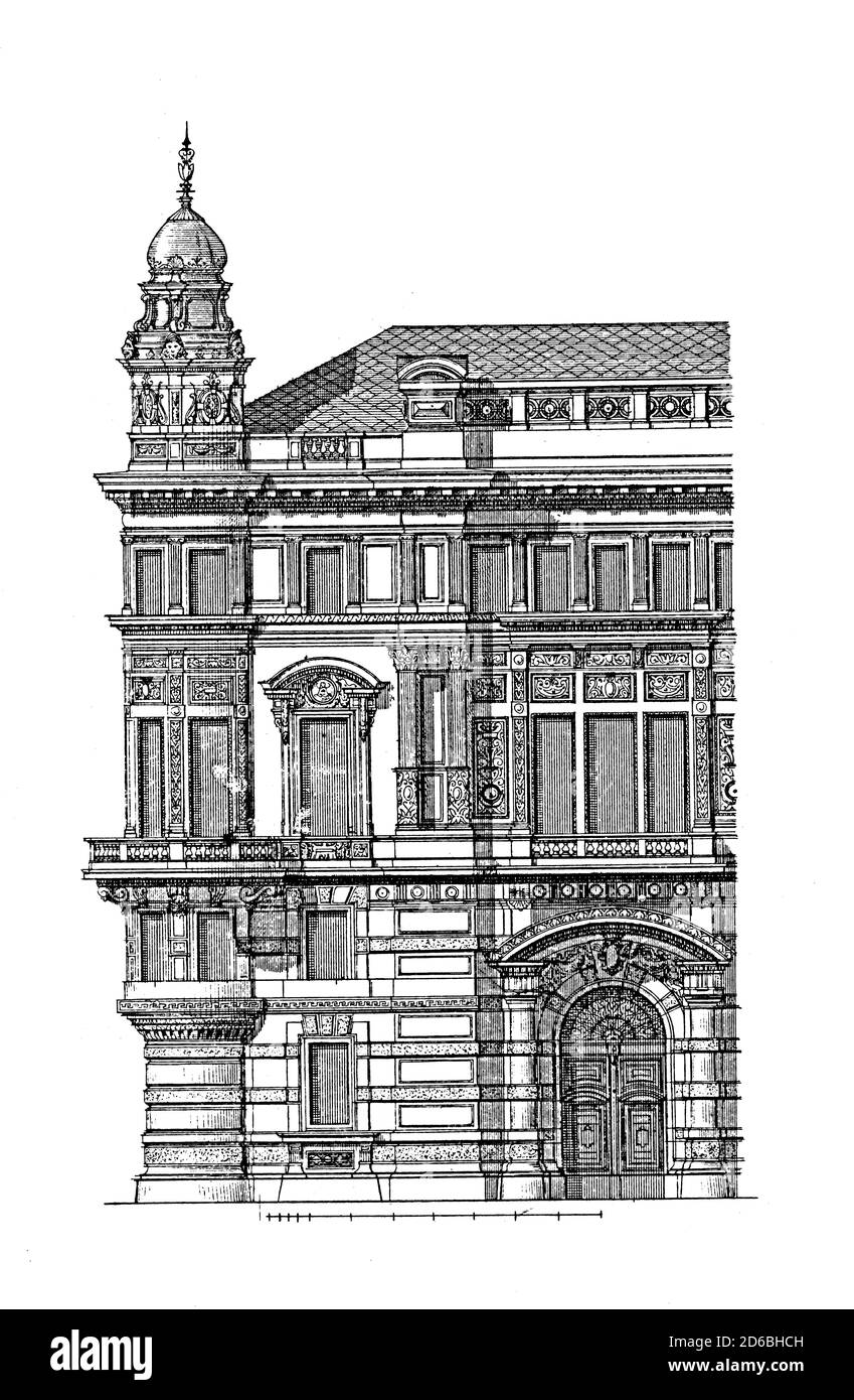 Grabado del Palacio Llisch-Mönich en Viena, diseñado por Eduard van der Null y August Sicard von Sicardsburg. Ilustración publicada i Foto de stock