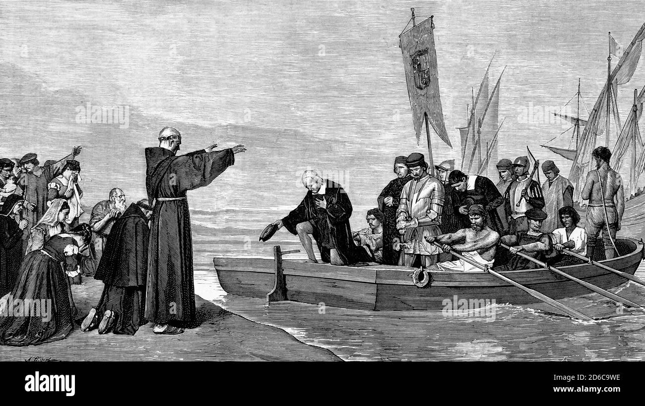Salida de Cristóbal Colón desde el puerto de Palos, España, para el  descubrimiento de América. 3 de agosto. 1492, Ilustración antigua. 1875  Fotografía de stock - Alamy
