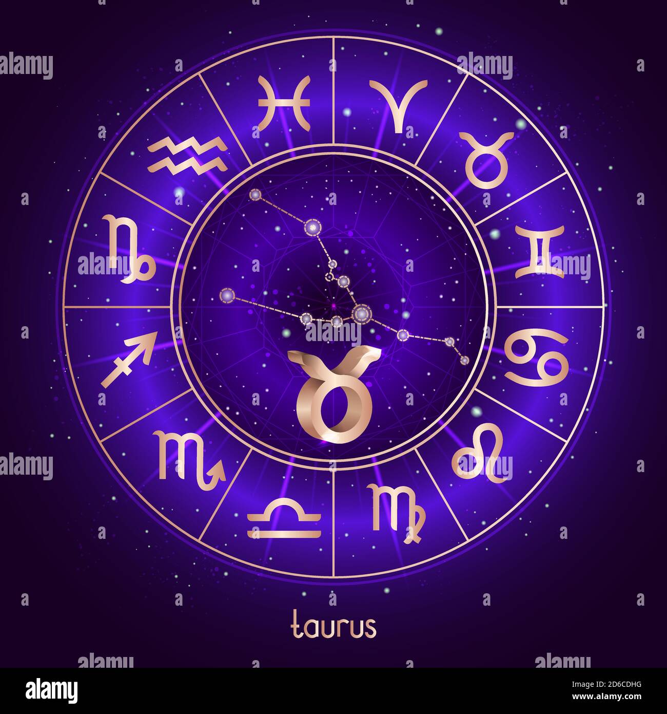 Signo del zodiaco y constelación TAURO con círculo del Horóscopo y símbolos  sagrados en el cielo estrellado fondo de noche con patrón geométrico.  Vector illustrr Imagen Vector de stock - Alamy
