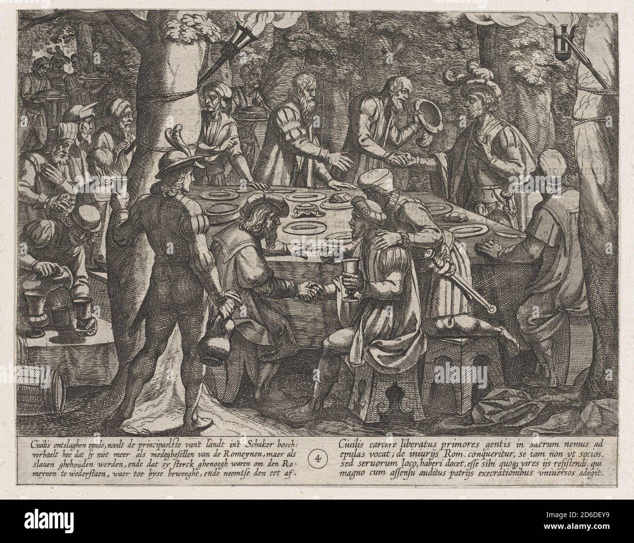 Placa 4: Civilis dice a los ancianos holandeses que están siendo tratados como esclavos por los romanos, de la Guerra de los romanos contra los batavianos (Romanorvm et Batavorvm societas), 1611. Foto de stock