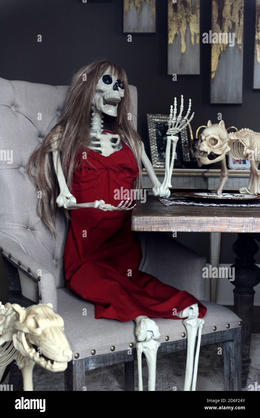 Este esqueleto de Halloween lleva un vestido rojo Fotografía de stock -  Alamy