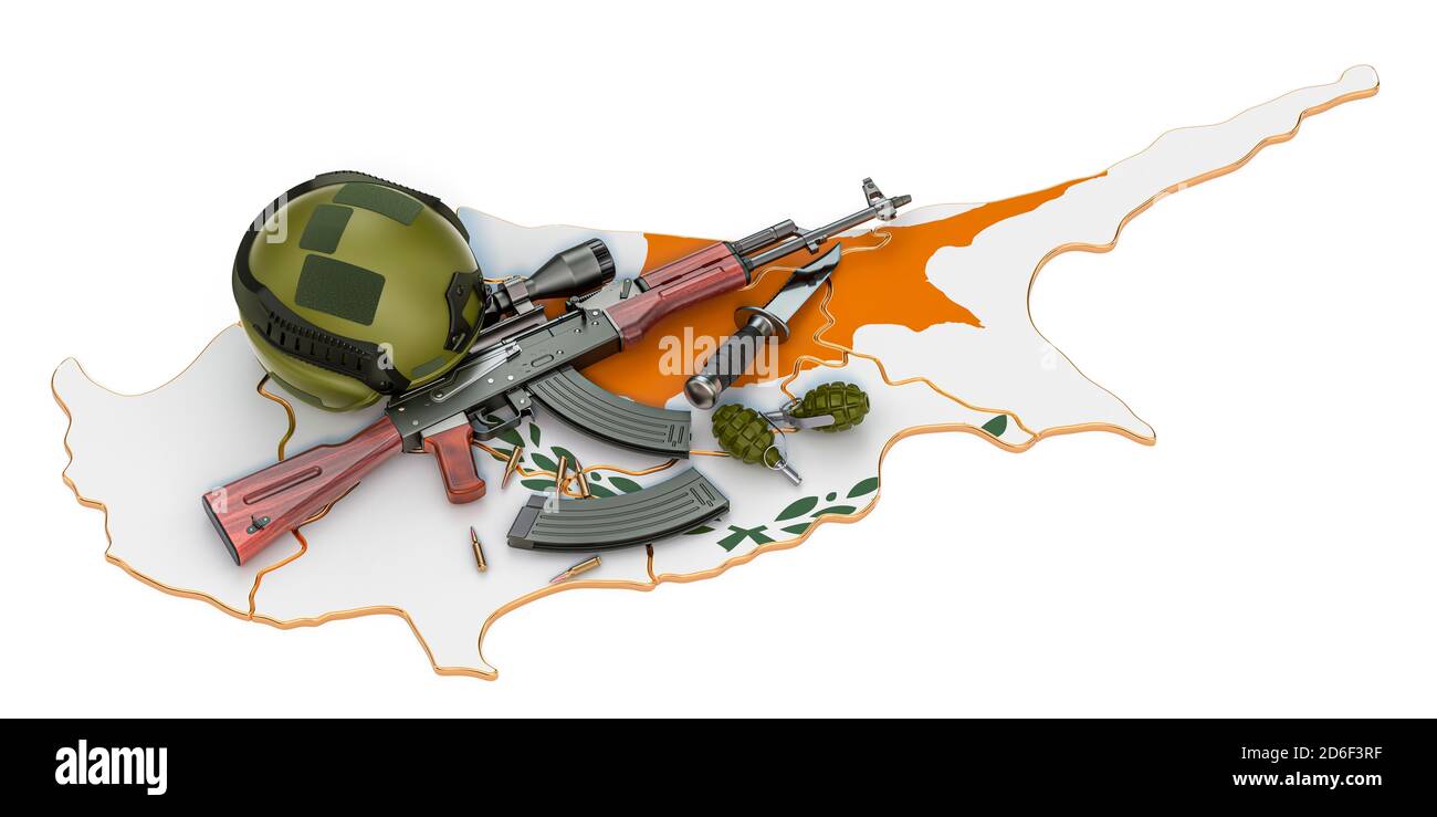 El concepto de fuerza militar, ejército o conflicto de guerra en Chipre. Renderización 3D aislada sobre fondo blanco Foto de stock