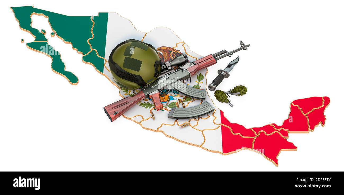 La fuerza militar, el ejército o el conflicto de guerra en México concepto. Renderización 3D aislada sobre fondo blanco Foto de stock