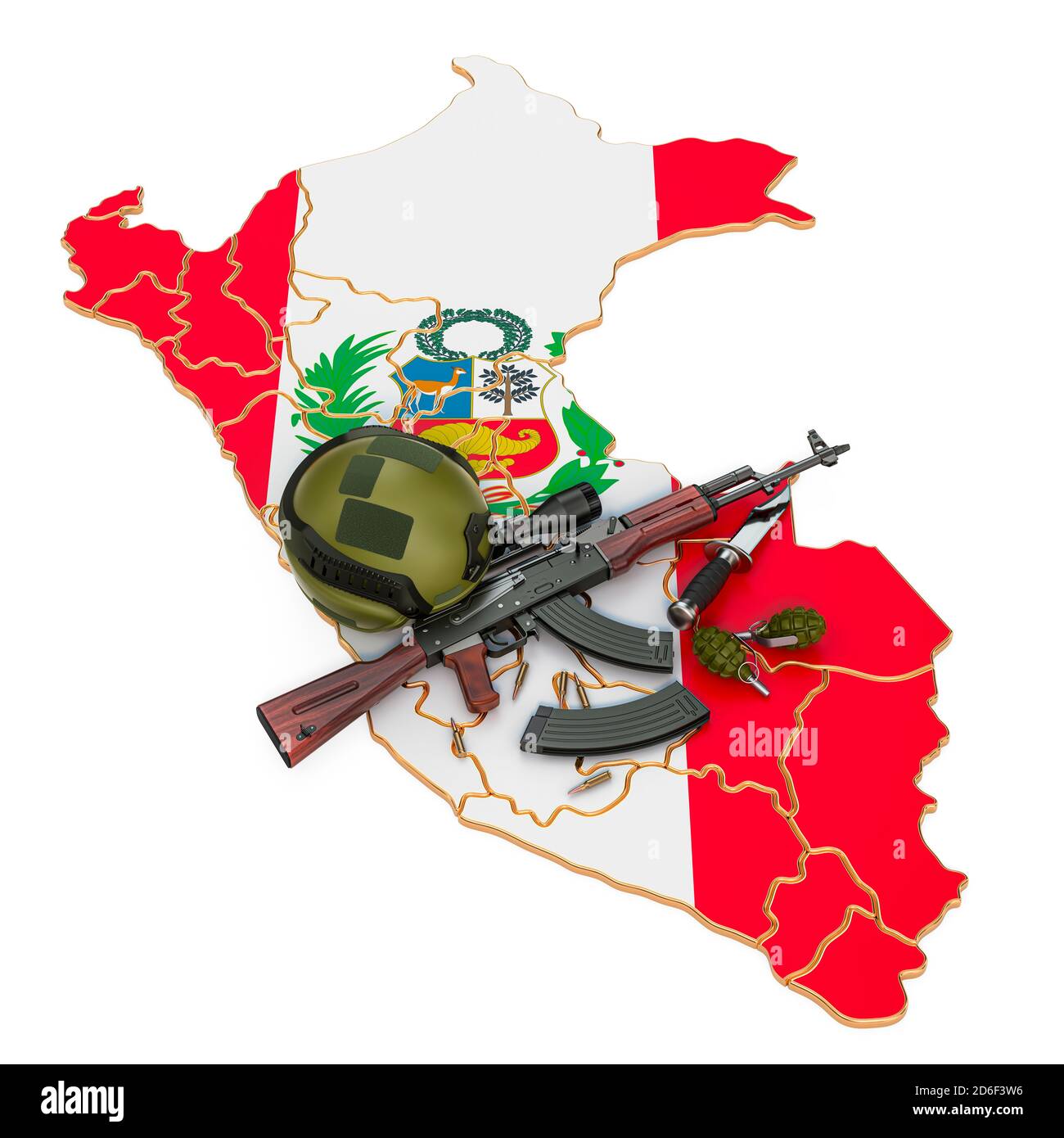 La fuerza militar, el ejército o el conflicto de guerra en el Perú concepto. Renderización 3D aislada sobre fondo blanco Foto de stock