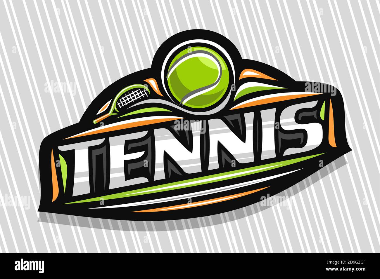 Vector logo para el deporte de tenis, emblema moderno con ilustración de la  pelota voladora en el objetivo y la raqueta, letras únicas para el tenis de  palabra gris, signo deportivo wi