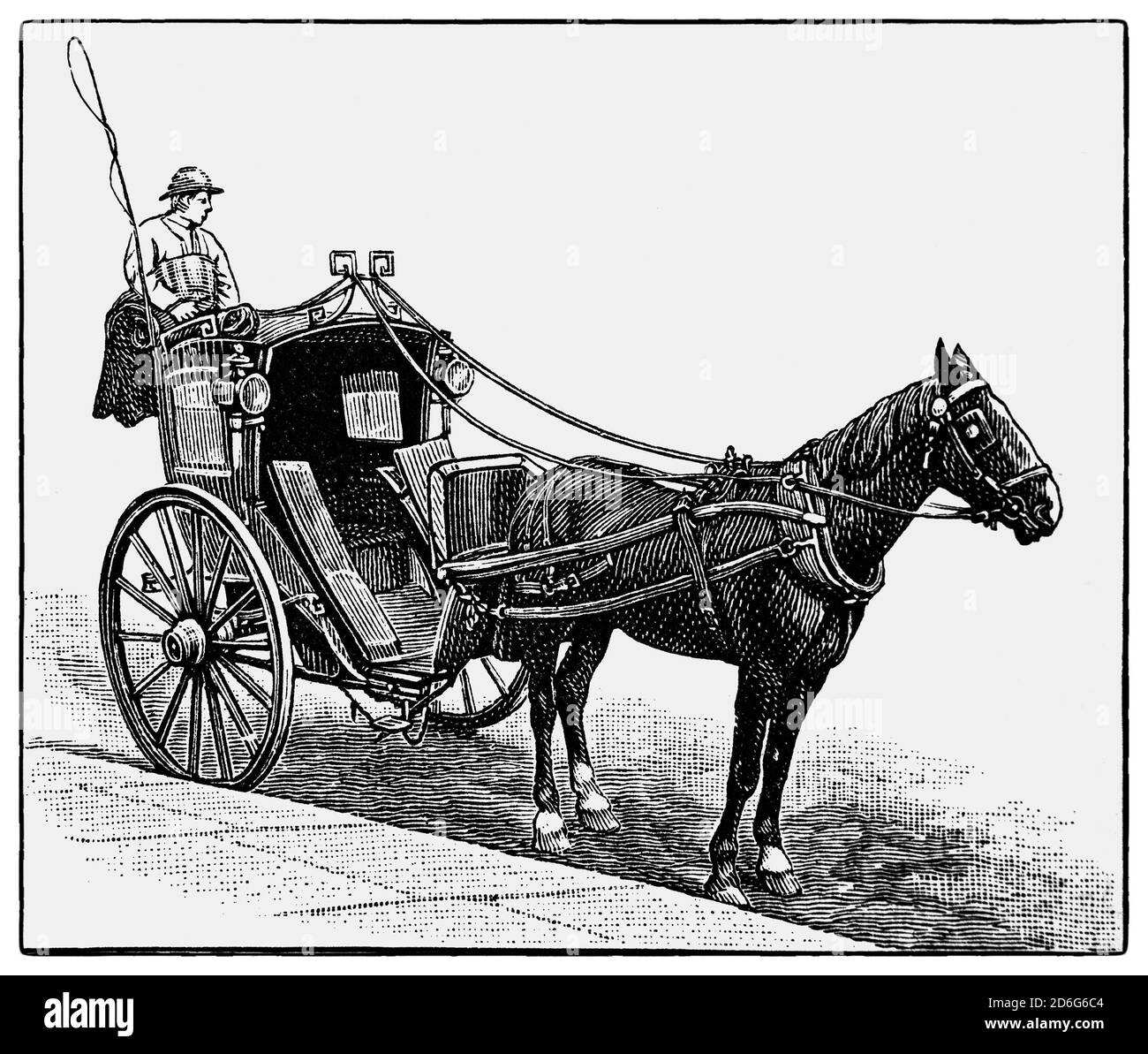 Una vista del siglo XIX de un Hansom Cab, una especie de carruaje tirado por caballos diseñado y patentado en 1834 por Joseph Hansom, un arquitecto de York. Originalmente llamada cabina de seguridad Hansom, fue diseñada para combinar velocidad con seguridad, con un centro de gravedad bajo para tomar curvas seguras. La cabina es un acortamiento de cabriolet, que refleja el diseño del carro. Sustituyó el carro de hackney como vehículo de alquiler; con la introducción de taxímetros mecánicos de relojería para medir tarifas, el nombre se convirtió en taxicab. Foto de stock