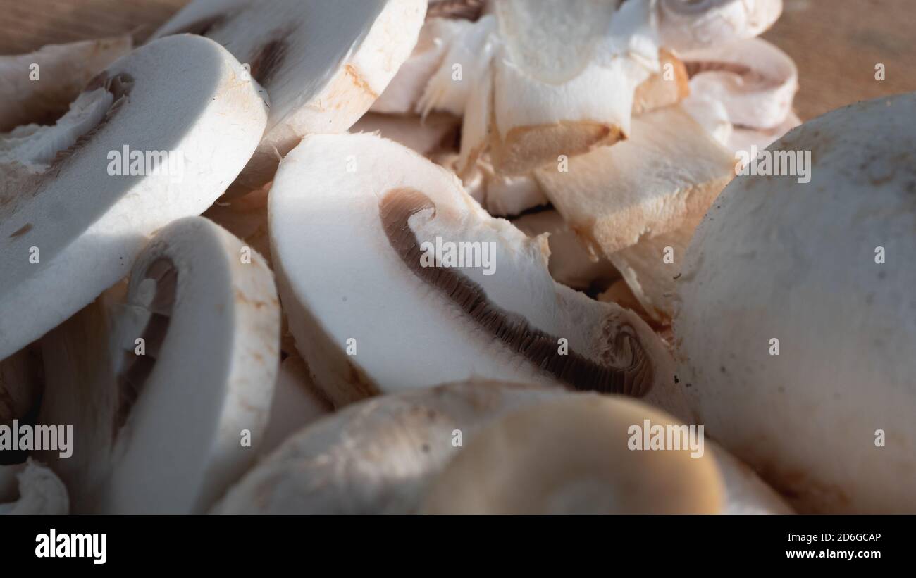 Esponjoso hongo blanco brillante en gran primer plano sobre tabla de madera. Detalles espectaculares son visibles en esta foto macro aislada de los hongos. Foto de stock