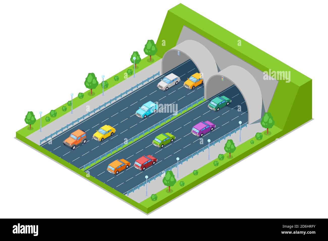 Carretera pasa a través del túnel en la montaña, vector isométrico 3D ilustración. Concepto de transporte y construcción de carreteras modernas. Ilustración del Vector