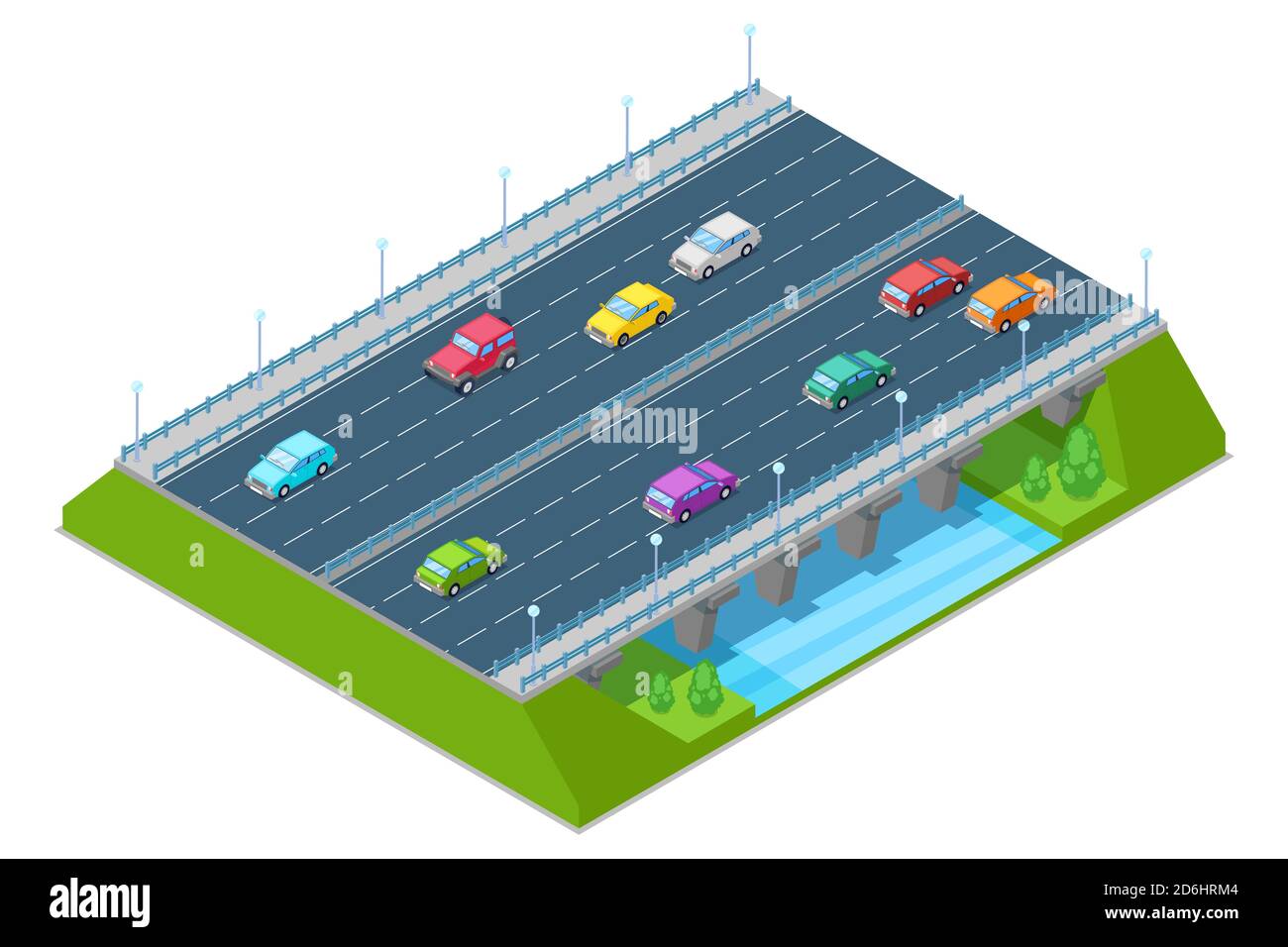 Puente carretera pasa por encima del río, vector isométrico 3D ilustración. Concepto de transporte y construcción de carreteras modernas. Ilustración del Vector