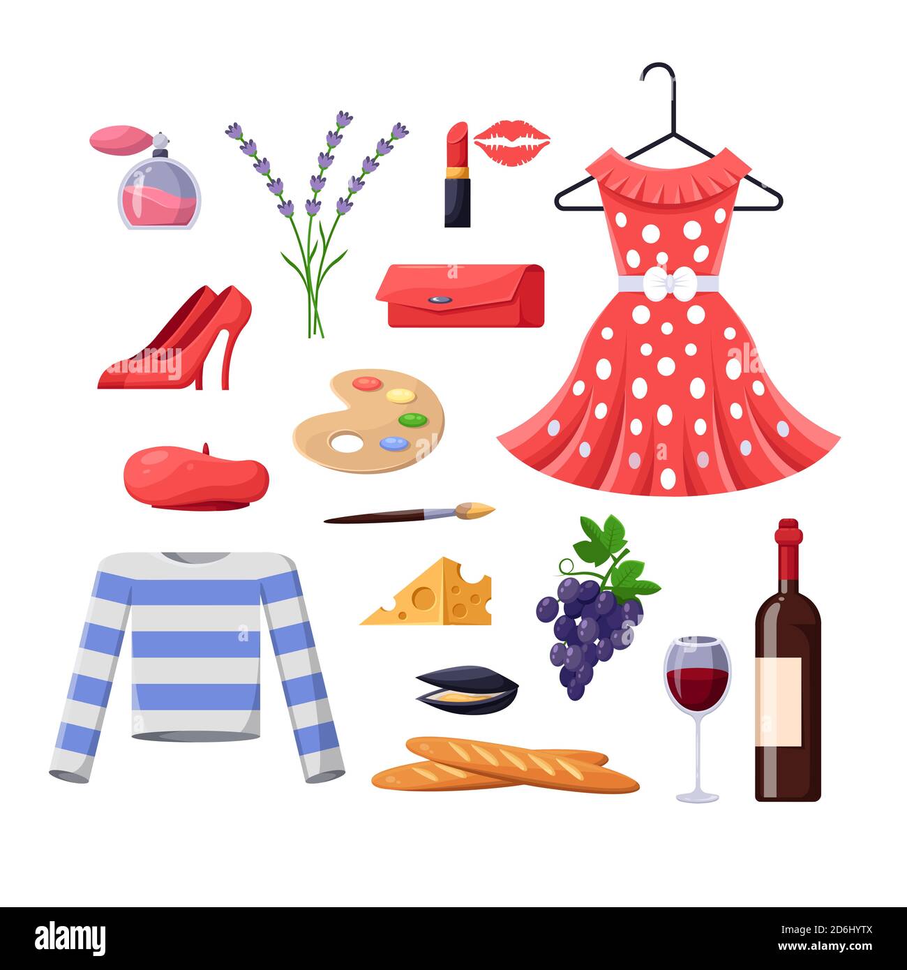 Viajar a Francia elementos de diseño. Ilustración de la moda y la comida en París. Vector dibujos animados conjunto de iconos aislados. Ilustración del Vector