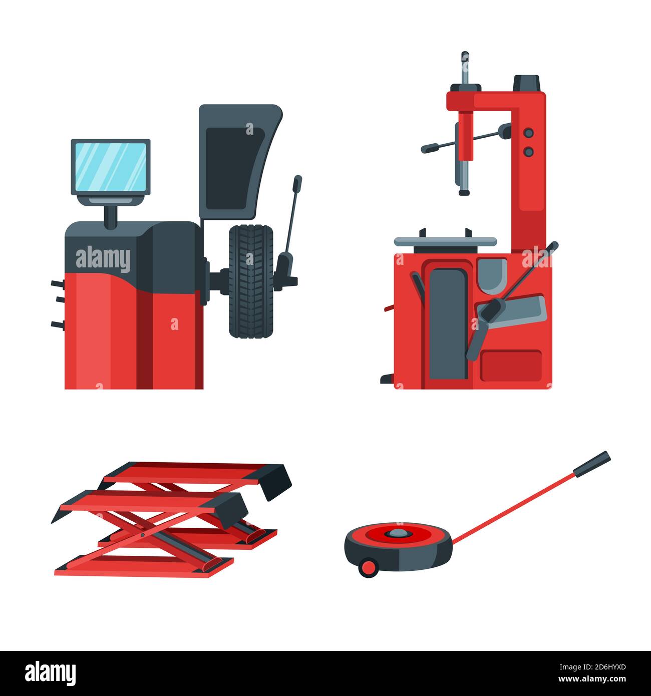 Equipos de equilibrado y montaje de neumáticos de coches. Gatos de automóvil ilustración vectorial aislada. Servicio de diagnóstico y sustitución de las ruedas. Ilustración del Vector