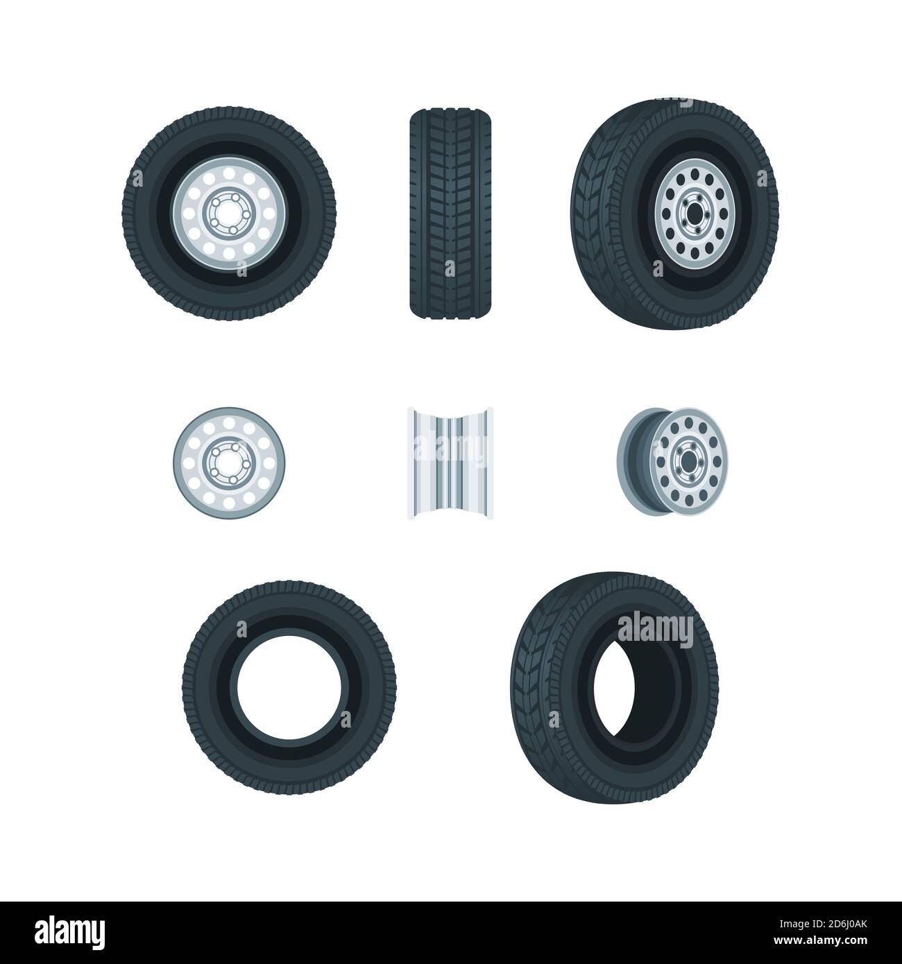 Ruedas de automóviles, neumáticos y discos, conjunto de iconos vectoriales. Elementos de diseño del servicio de coches Ilustración del Vector