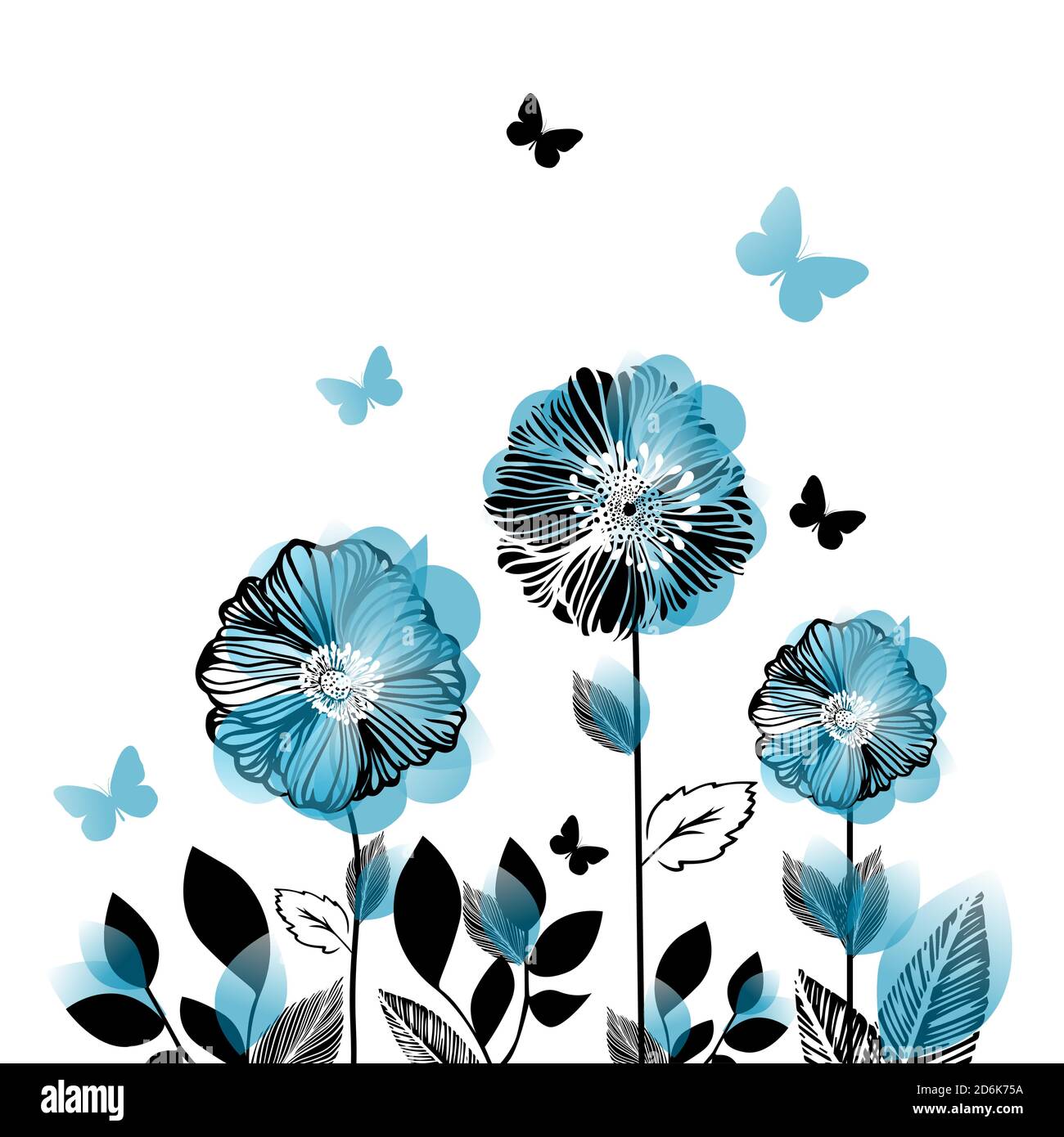 Postal con flores y mariposas azules gráficas. Ilustración vectorial Imagen  Vector de stock - Alamy