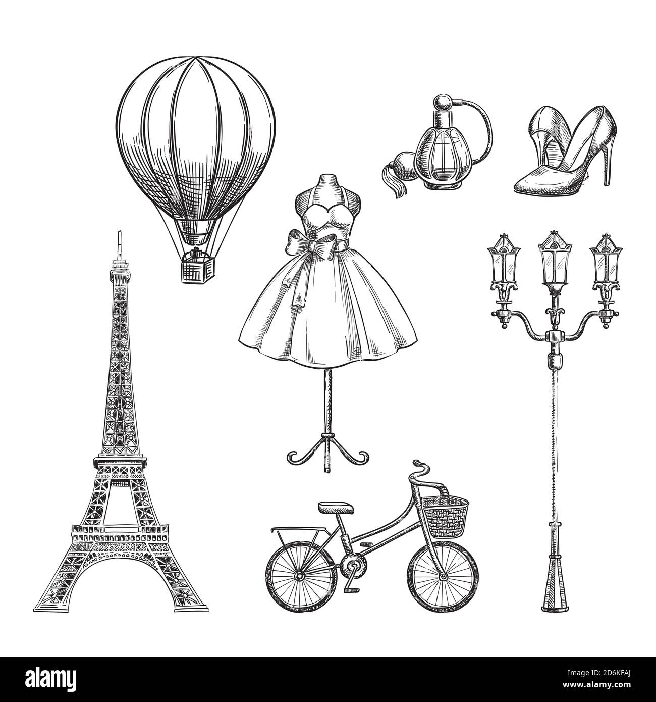 Viaje a Francia elementos de diseño aislados dibujados a mano. Ilustración de vectores de croquis de París. Ilustración del Vector
