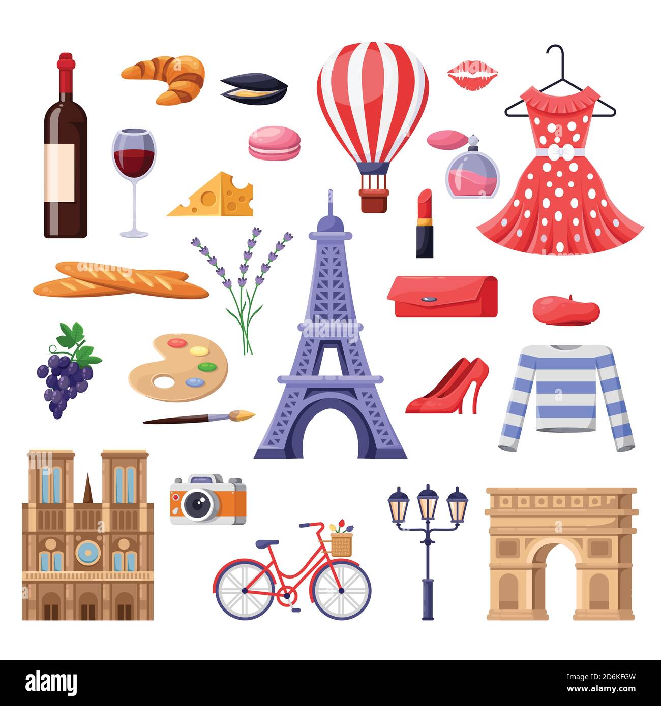Viajar a Francia elementos de diseño. Monumentos turísticos de París, ilustración de la moda y la comida. Vector dibujos animados conjunto de iconos aislados. Ilustración del Vector