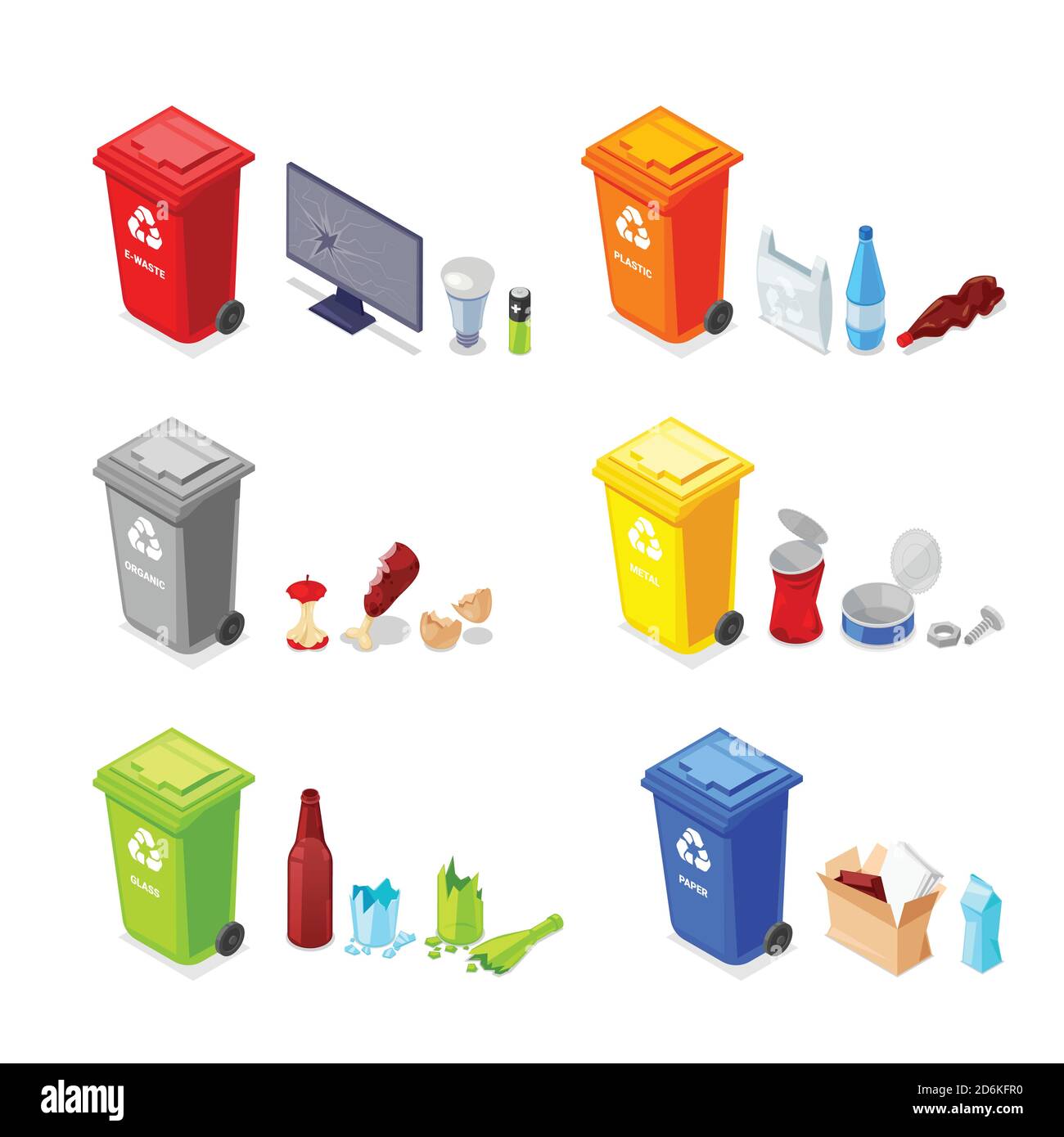 Clasificación y reciclaje de residuos. Basura multicolores cestos y plástico, orgánicos, productos de vidrio de desecho. Conjunto de iconos isométricos 3D vectoriales. Ilustración del Vector