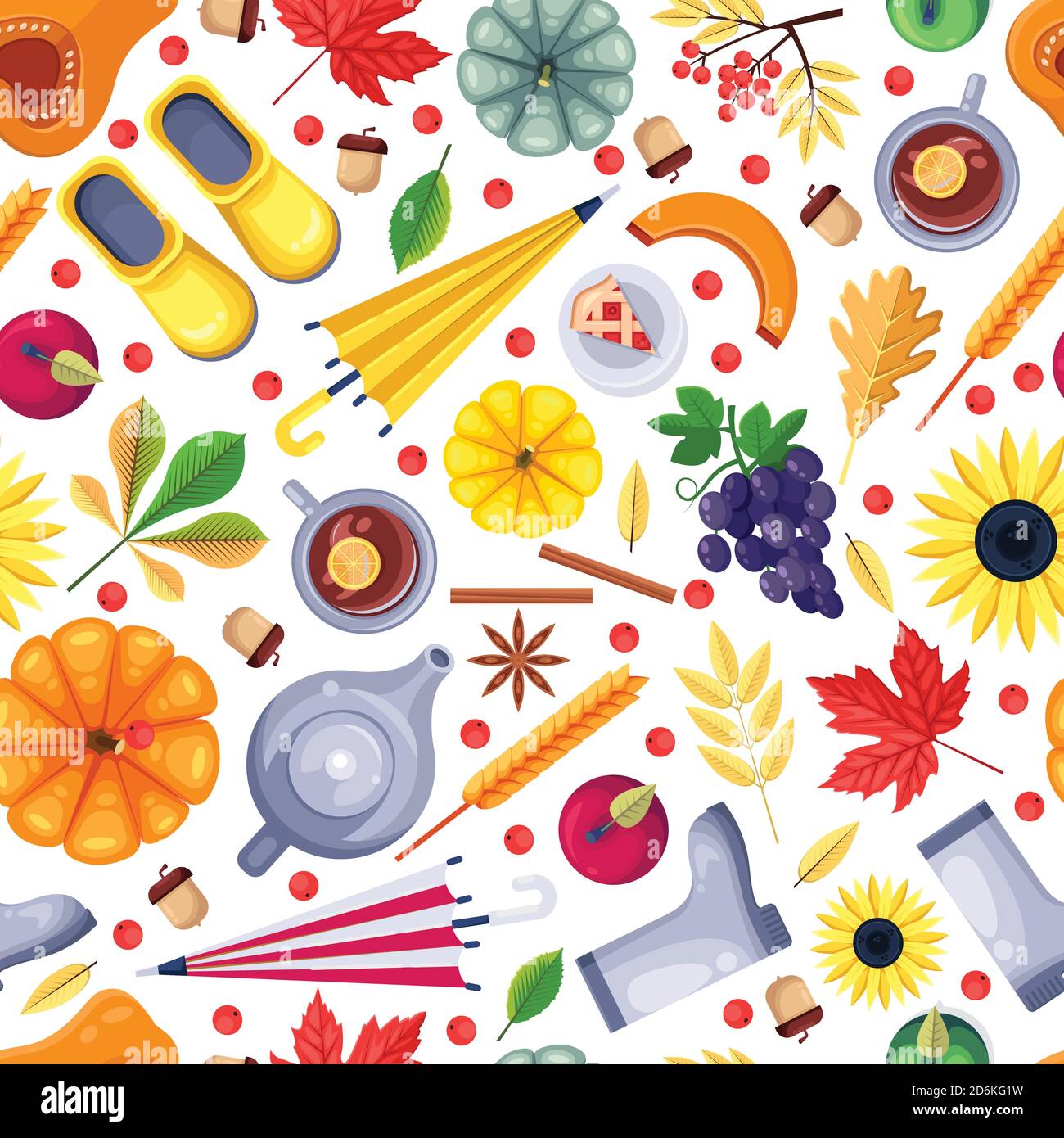 Otoño temporada colorido blanco sin costuras patrón. Ilustración vectorial plana. Cosecha de otoño, hojas, alimentos y accesorios. Fondo o textil impresión desig Ilustración del Vector