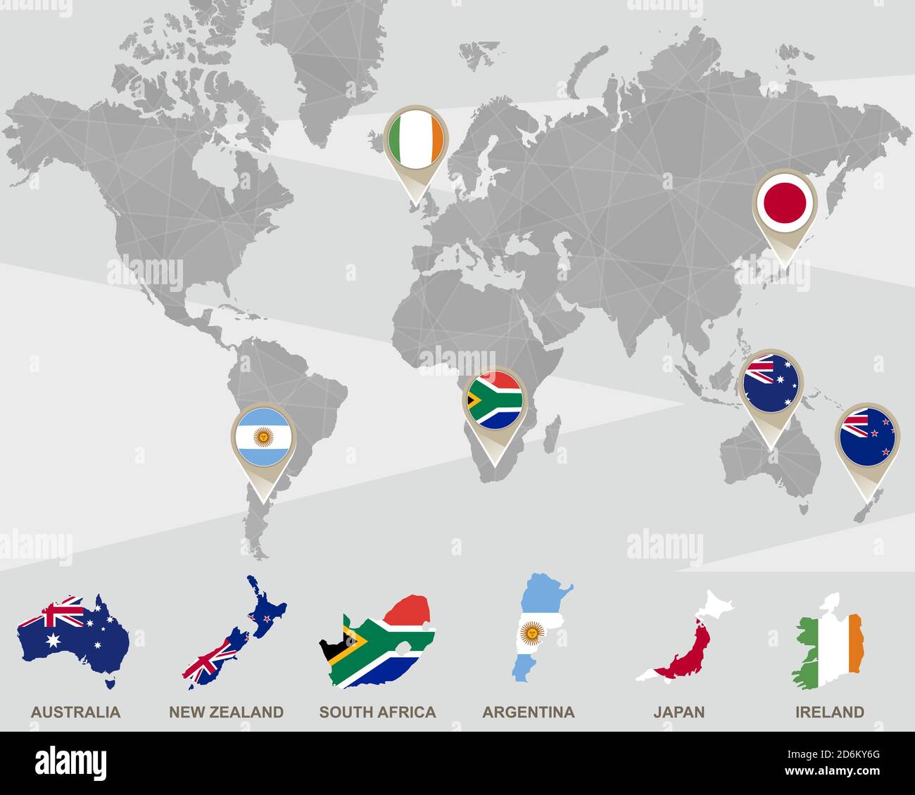 Mapa Mundial Con Indicadores De Australia Nueva Zelanda Sudafrica Argentina Japon Irlanda Ilustracion Vectorial Imagen Vector De Stock Alamy