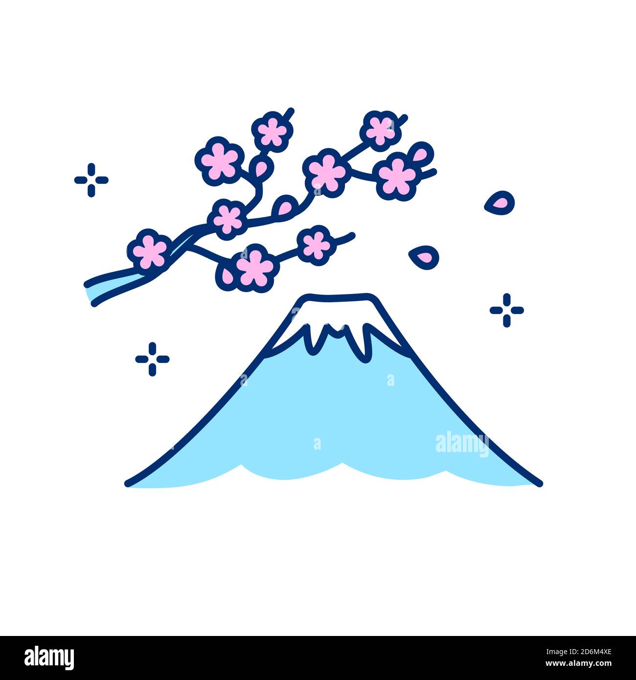 Monte Fuji con rama de flores de cerezo, símbolo de Japón. sakura japonesa, estilo de icono de línea plana simple. Ilustración vectorial aislada. Ilustración del Vector