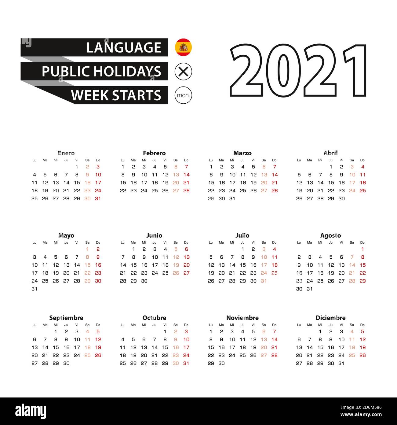 Calendario 2021 En Español La Semana Comienza El Lunes Calendario