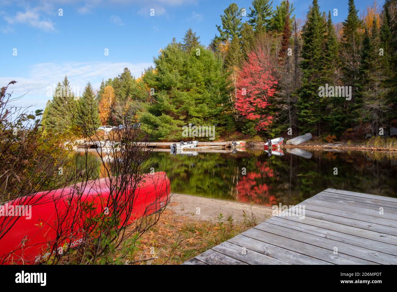 Paisaje canadiense clásico canoas rojas y arce rojo reflejado en un lago Foto de stock