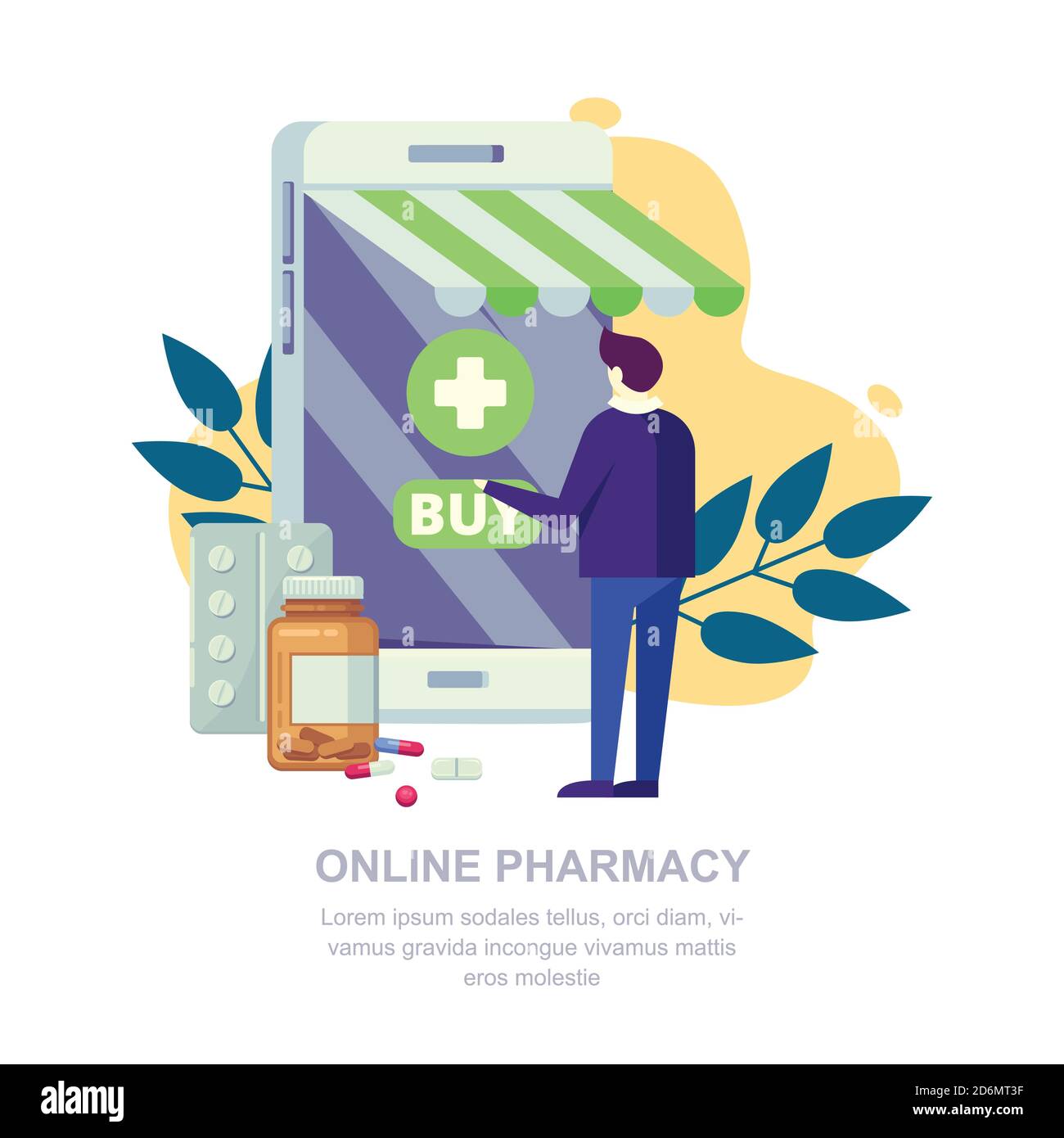 Farmacia en línea, vector ilustración plana. Hombre y farmacia en la pantalla del smartphone. Concepto de aplicación móvil para medicina y salud. Ilustración del Vector