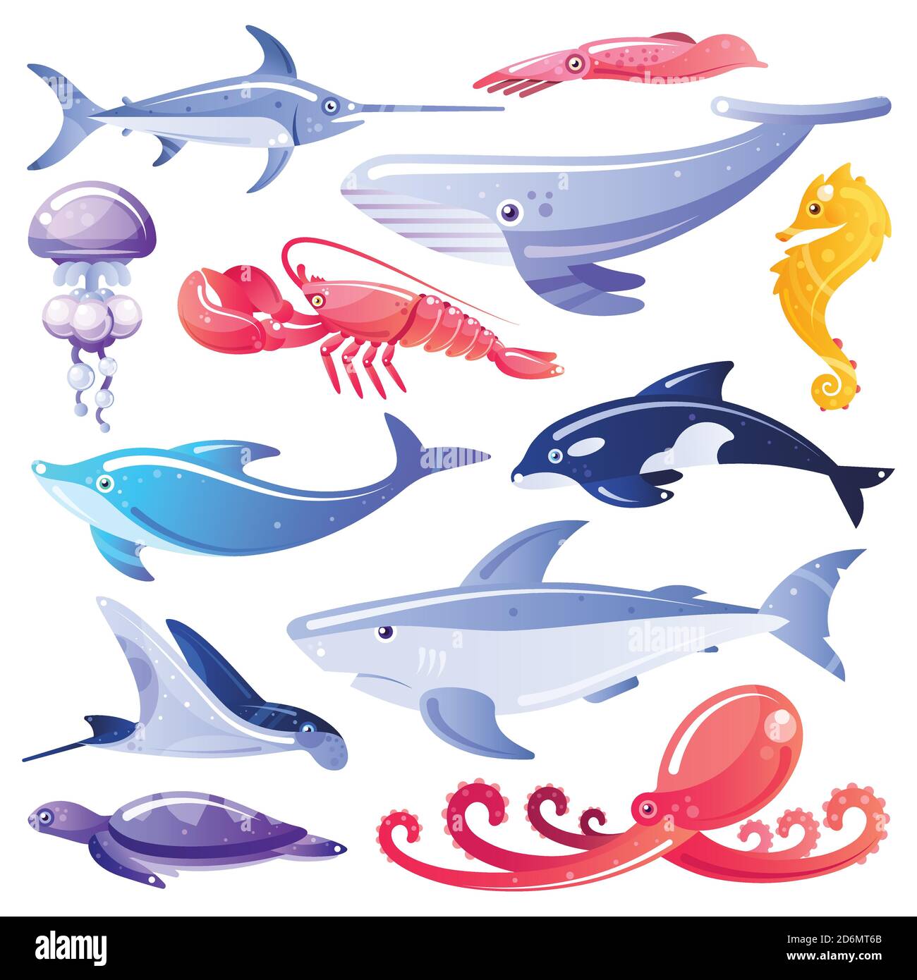 Animales de mar y peces vector de dibujos animados. Elementos de diseño de vida marina. Habitantes del océano aislados sobre fondo blanco. Ilustración del Vector