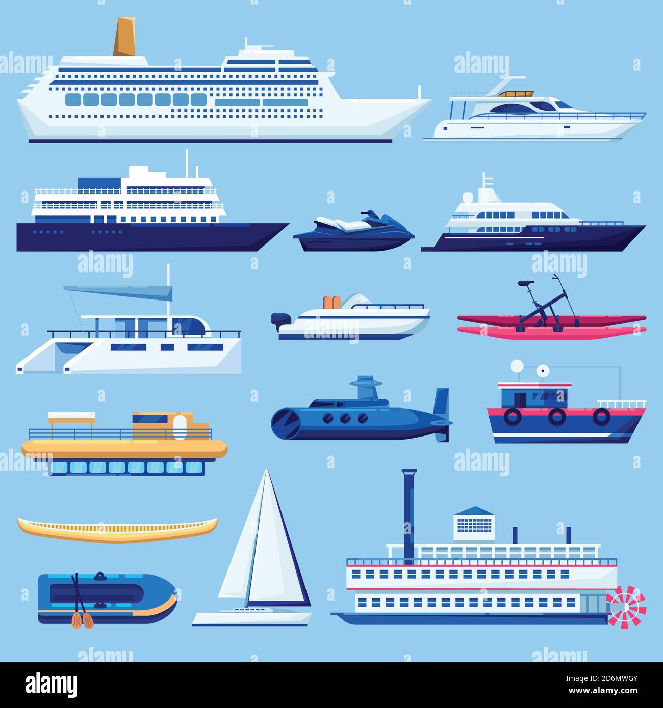 Se han establecido los iconos de transporte de los buques de agua. Ilustración de vehículo vectorial plano. Veleros, cruceros, yates de fondo azul. Ilustración del Vector