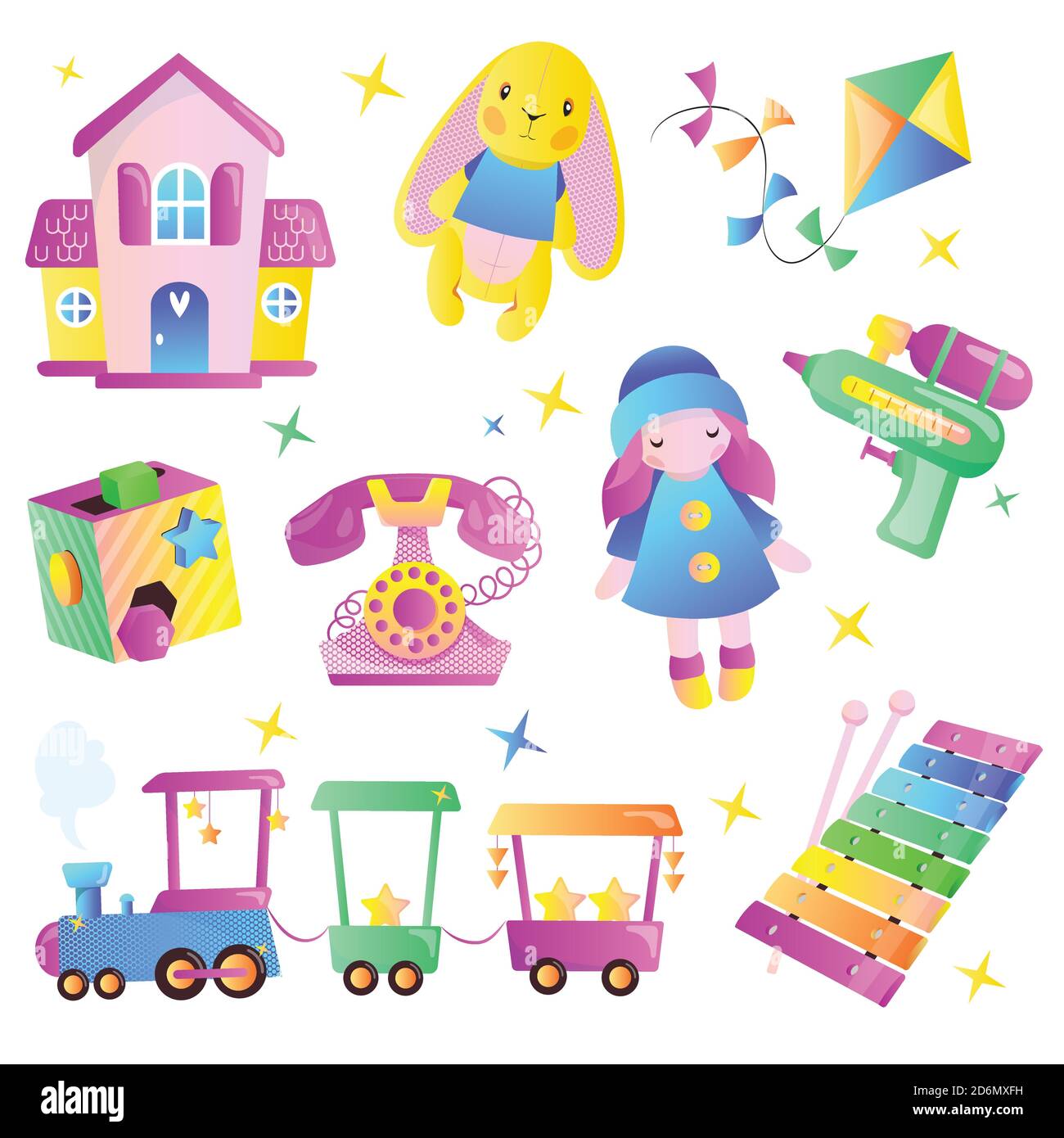 Niños juguetes vector dibujos animados estilo. Juguetes coqueta multicolor  para niño y niña. Tienda de regalos artículos de diseño conjunto Imagen  Vector de stock - Alamy