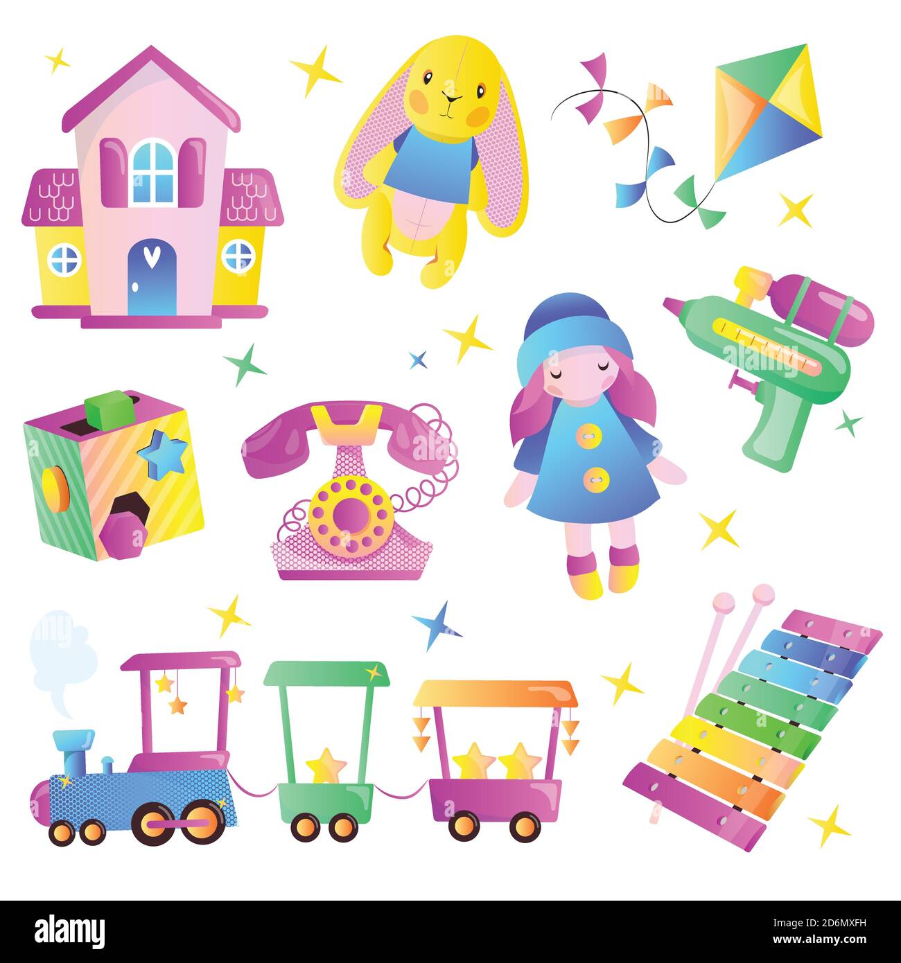 Girar en descubierto pollo Recuerdo Niños juguetes vector dibujos animados estilo. Juguetes coqueta multicolor  para niño y niña. Tienda de regalos artículos de diseño conjunto Imagen  Vector de stock - Alamy