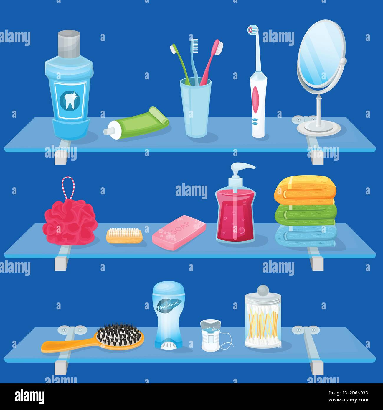 Artículos de higiene personal. Ilustración de dibujos animados vectoriales.  Estantes de cristal del baño con jabón, cepillo de dientes, pasta de  dientes y toallas de mano. Sanidad y cuidado ic Imagen Vector