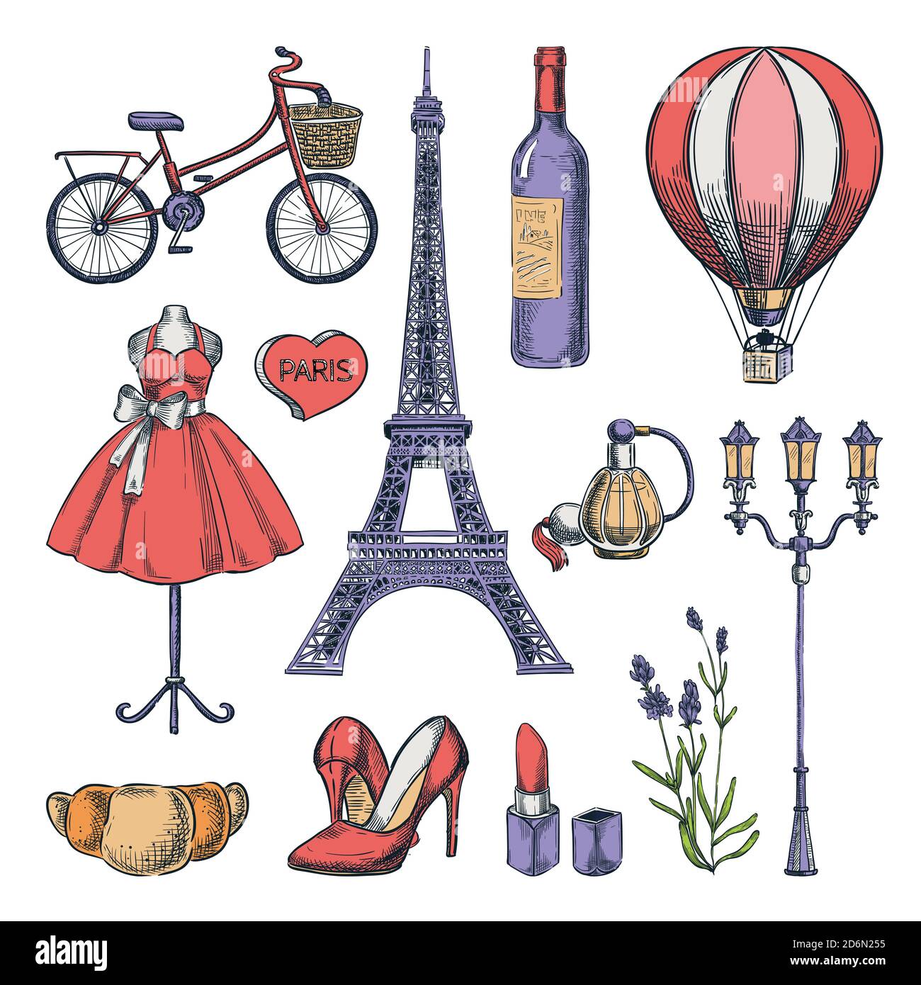 Viajar a Francia dibujados a mano iconos aislados y elementos de diseño. Ilustración de croquis de color vectorial. París famosos símbolos románticos aislados en la espalda blanca Ilustración del Vector