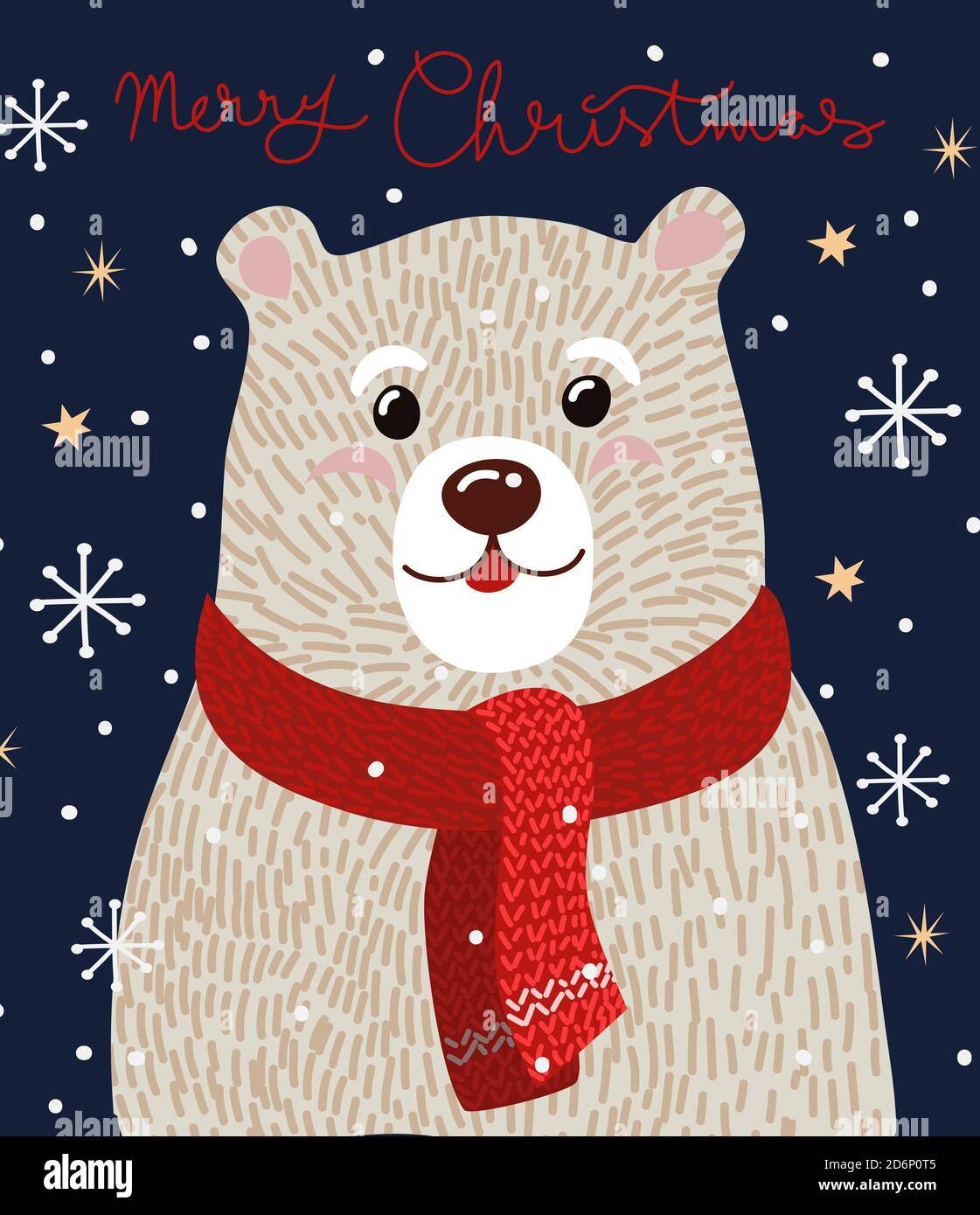 Tarjeta de Navidad con un lindo oso polar en una bufanda roja. Ilustración plana de dibujos animados vectoriales. Ilustración del Vector