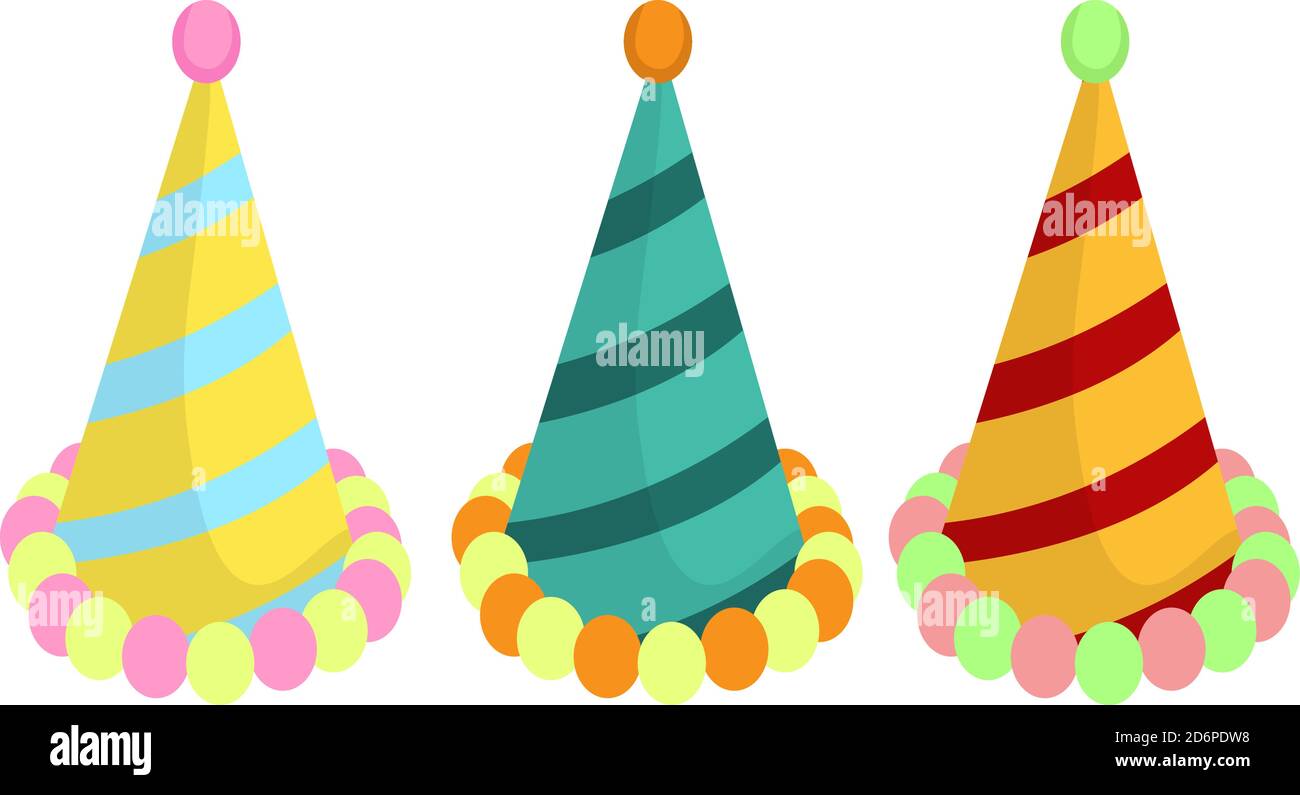 Sombrero de fiesta de dibujos animados. gorro de cumpleaños en forma de  cono para fiesta. elemento de diseño vectorial para tarjetas de  felicitación.