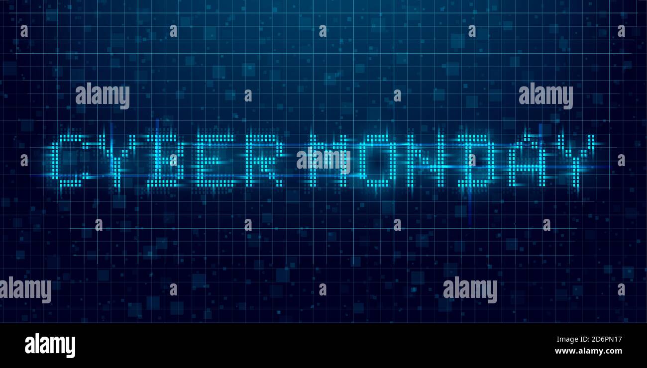 Cyber Monday futurista cyberpunk glitch banner. Azul brillante digital Cyber inscripción lunes. título de 8 bits. Diseño para un evento promocional. Vector Ilustración del Vector