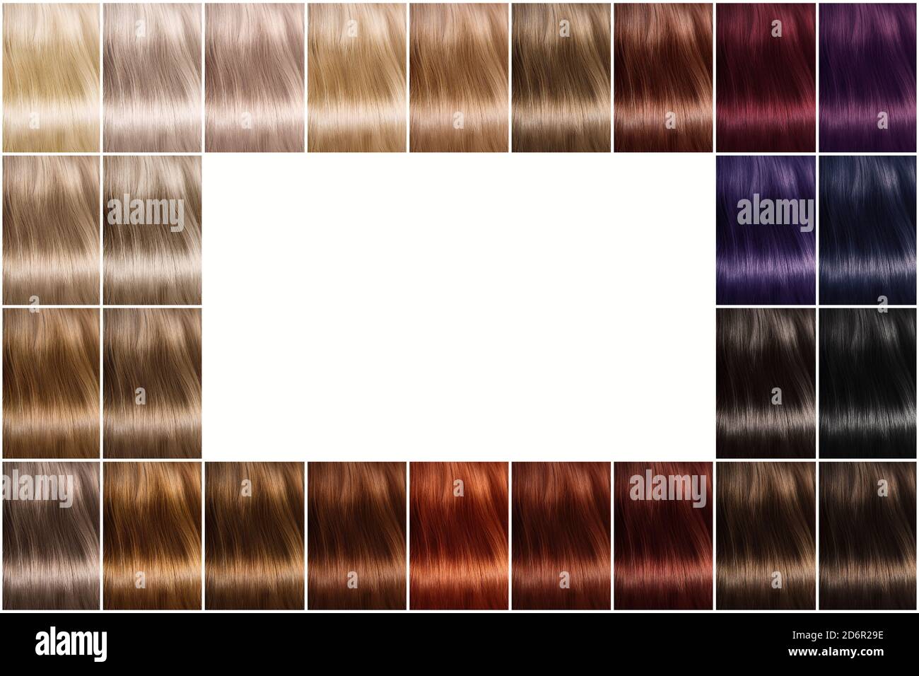 Paleta de colores de tintes para el cabello. Una paleta de colores de pelo  con una amplia selección de muestras. Hay un espacio vacío en el centro. Un  juego de tintes para