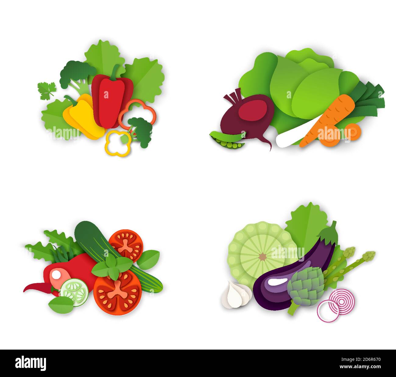 Conjunto de composición de verduras orgánicas frescas, ilustración  vectorial aislada en estilo de arte de papel. Comida vegetariana saludable  Imagen Vector de stock - Alamy