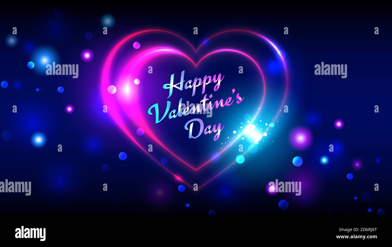 Tarjetas de felicitación vector día feliz de San Valentín, brillante multicolor neón forma corazón sobre fondo oscuro bokeh Ilustración del Vector