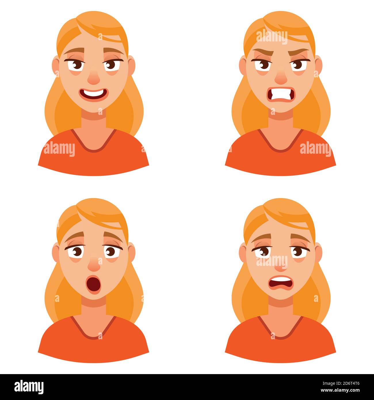 Mujer con diferentes emociones. Retrato femenino en estilo de dibujos animados. Ilustración del Vector