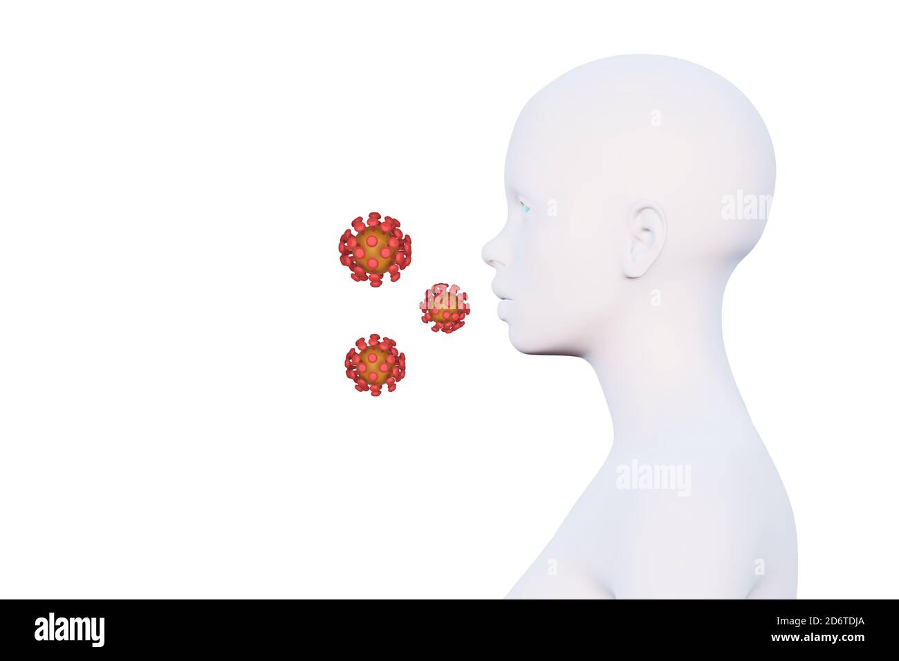 células mínimas de la cabeza y del virus de la mujer, tos, vista lateral, concepto de infección del virus de la propagación, lugar para el texto, presentación 3d Foto de stock