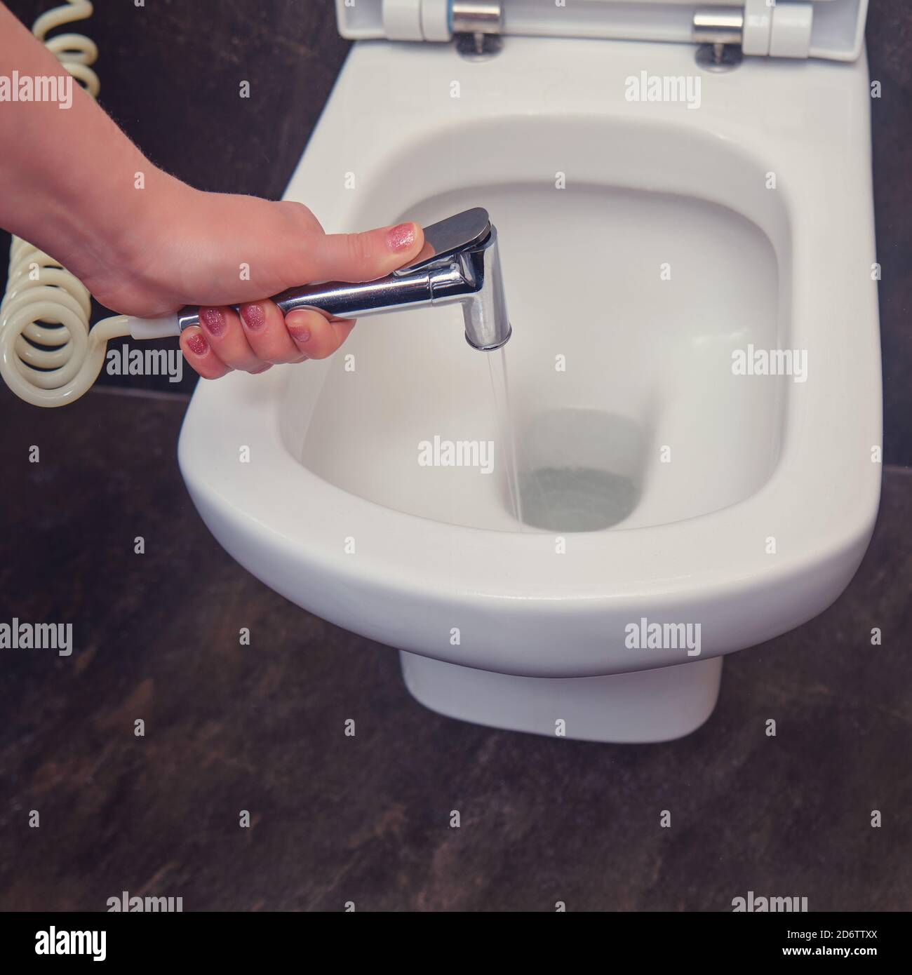 Manos sosteniendo ducha higiénica y lavando el inodoro, primer plano.  Concepto de limpieza, higiene y lavado Fotografía de stock - Alamy