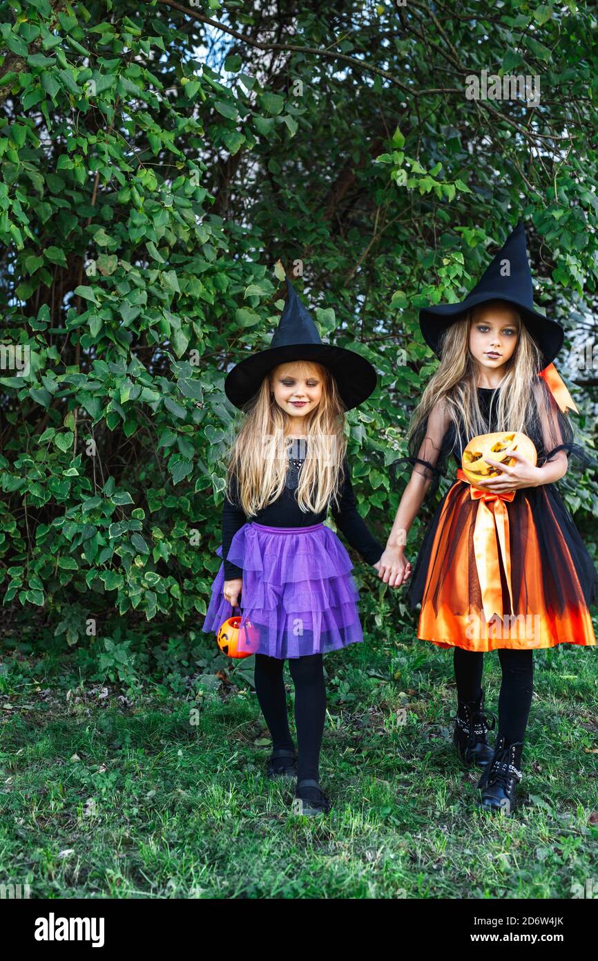 Chicas de Halloween disfrazadas de bruja para el truco o el tratamiento  Fotografía de stock - Alamy