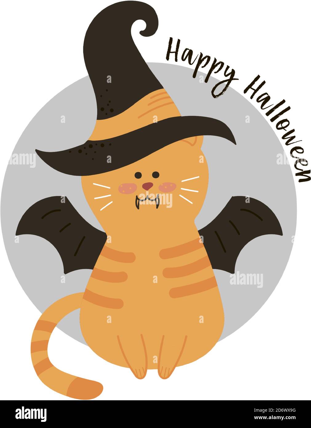 Halloween gato con brujas sombrero contra una luna llena con vampiro murciélago vector Ilustración del Vector