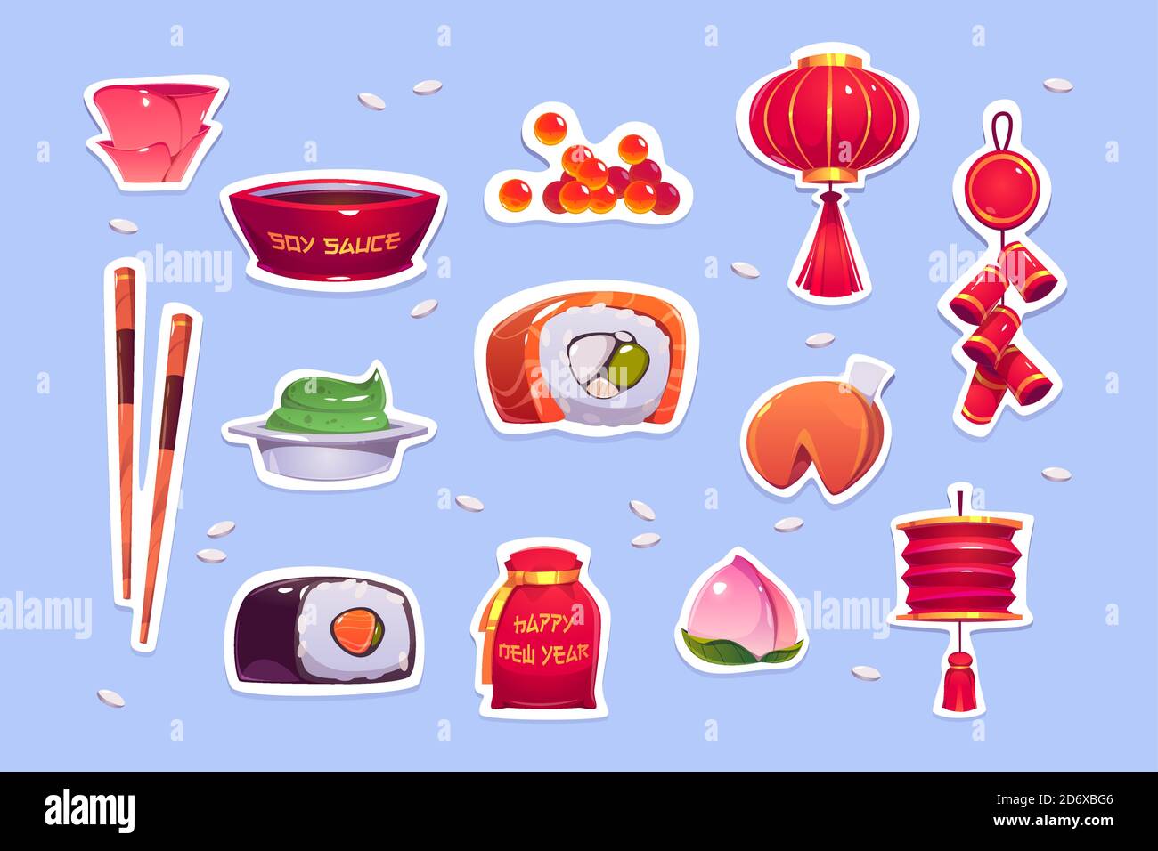 Comida y decoración para el año Nuevo chino. Pegatinas con linterna roja,  campanas, sushi y galleta de fortuna. Iconos de dibujos animados  vectoriales de decoración tradicional asiática, rollo japonés con pescado,  caviar